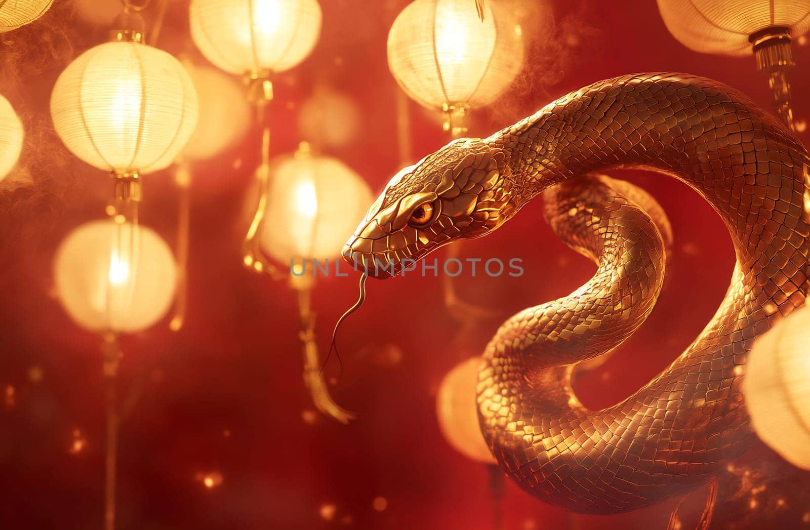 A golden snake coils around traditional lanterns, casting a warm glow in the evening atmosphere, creating a mystical and enchanting setting.