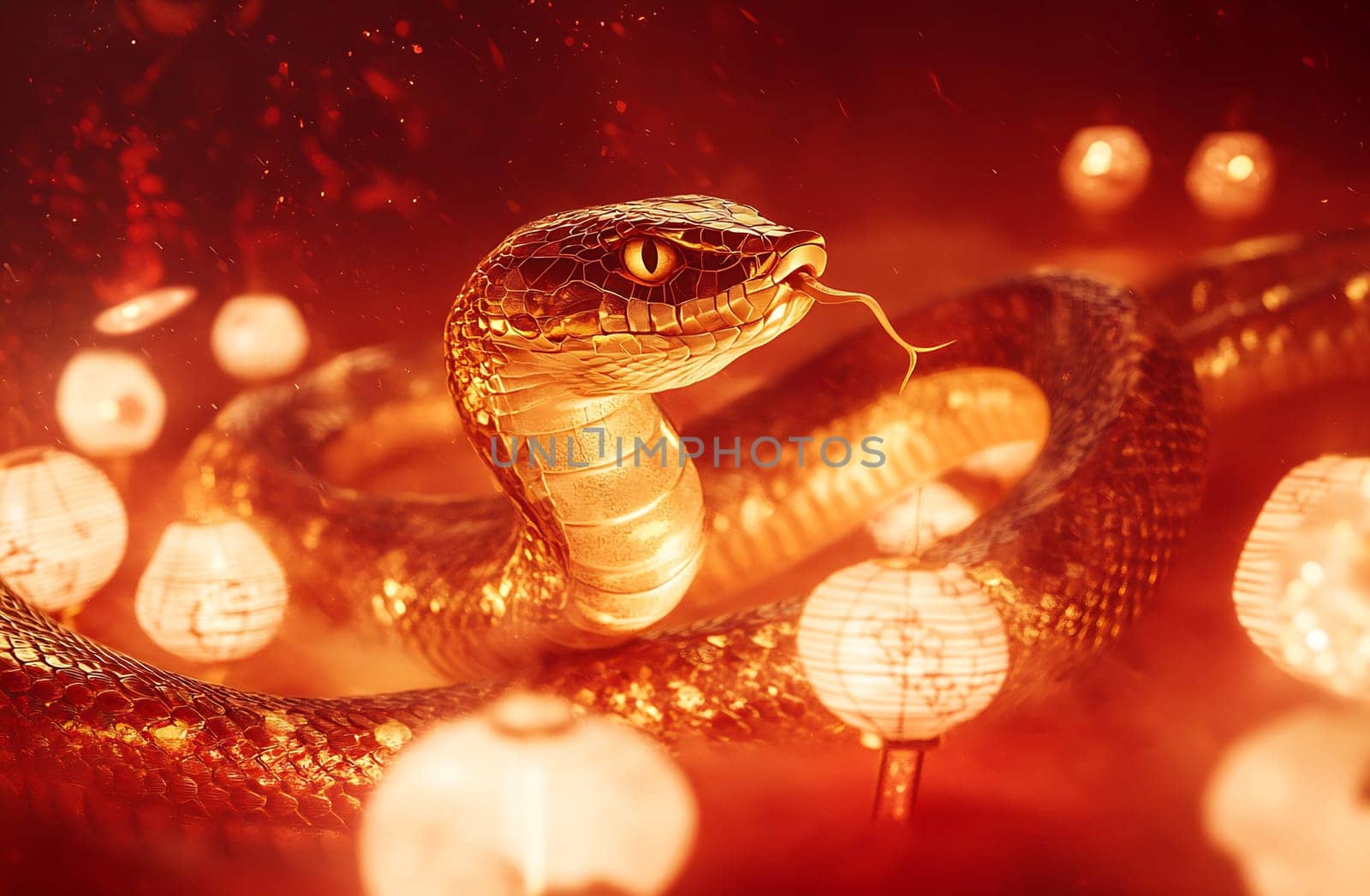 A golden snake entwined among glowing lanterns, creating an enchanting atmosphere in a dimly lit setting.