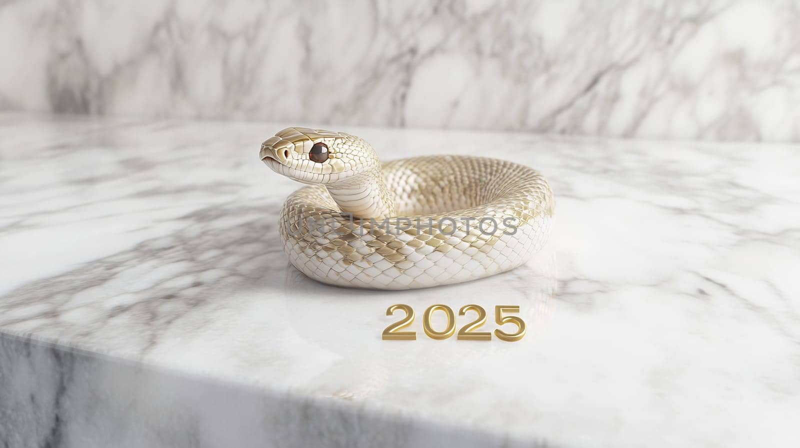 A white snake rests gracefully on a marble countertop, reflecting light and creating an artistic display with the year 2025.