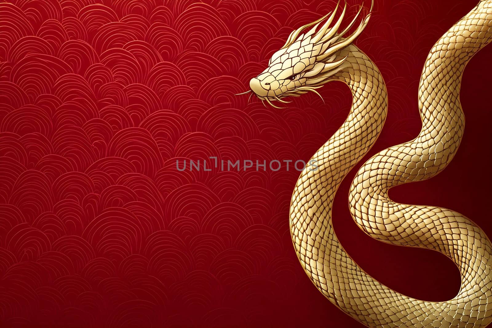 A golden dragon winds elegantly across a vibrant red backdrop, showcasing intricate scales and majestic features.