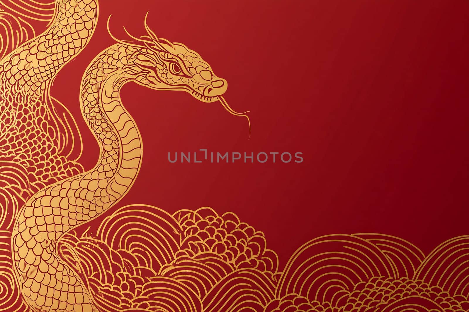 A detailed illustration of a golden dragon intertwined with waves against a vibrant red backdrop, symbolizing power and prosperity.