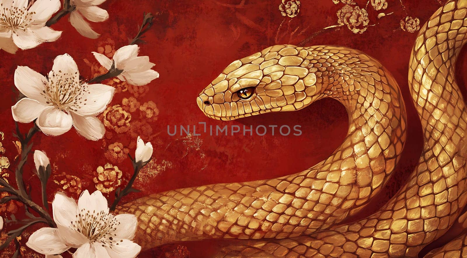 A striking golden snake slithers gracefully amongst delicate white flowers on a vibrant red background.