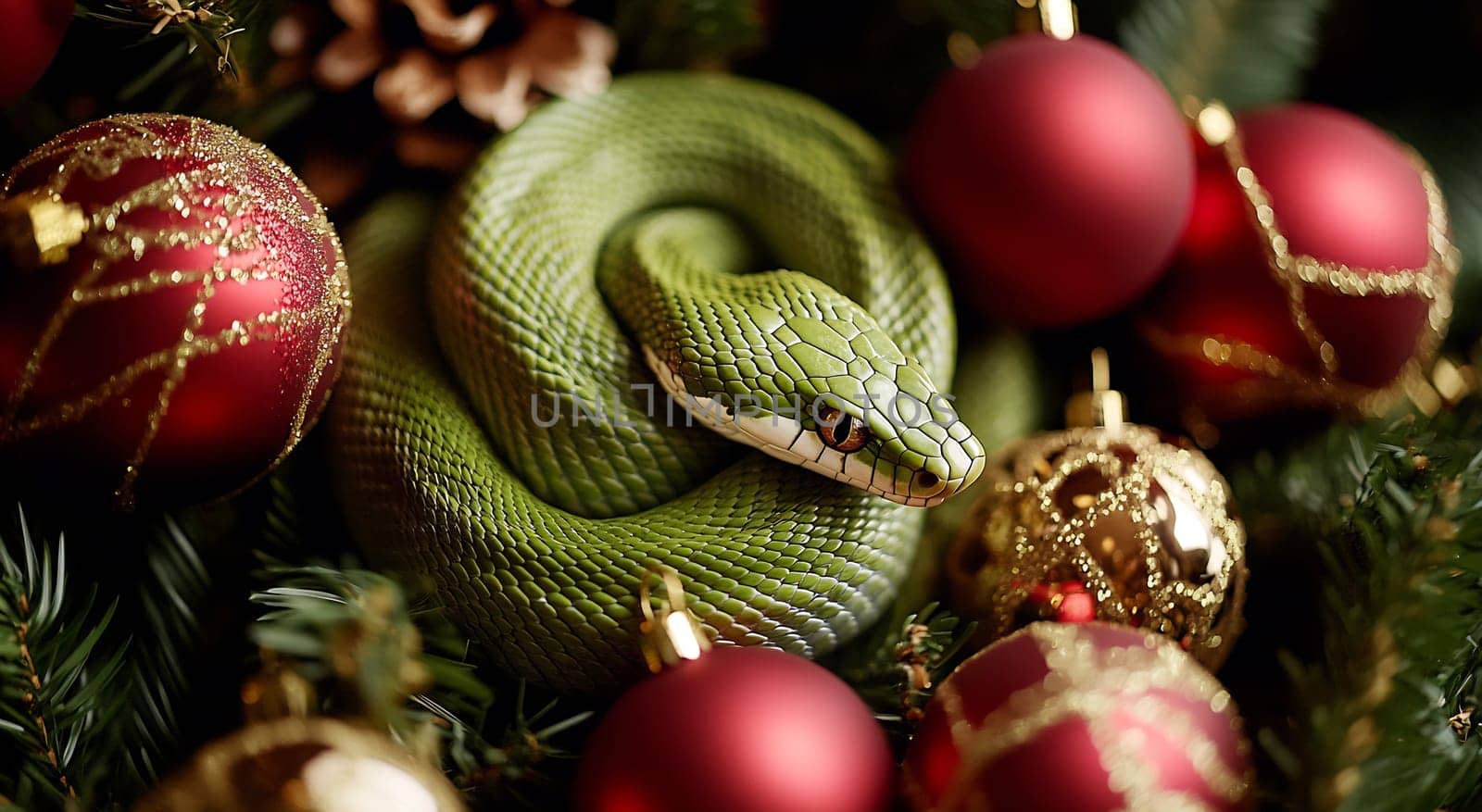 A vibrant green snake coils comfortably among red and gold Christmas ornaments amid greenery, creating a unique holiday display.