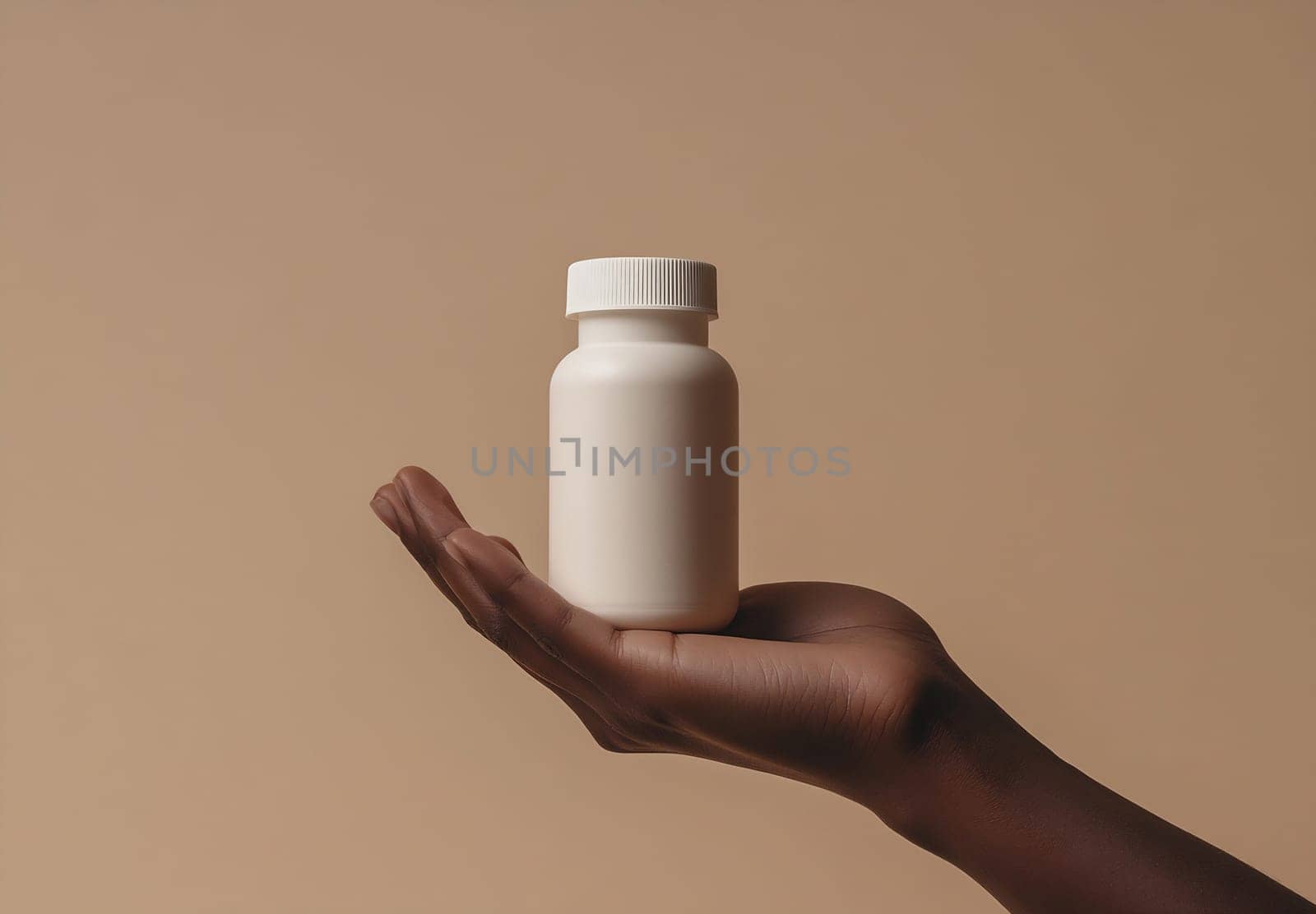 A hand holds a white supplement bottle against a neutral backdrop, emphasizing health and wellness in a minimalistic setting.