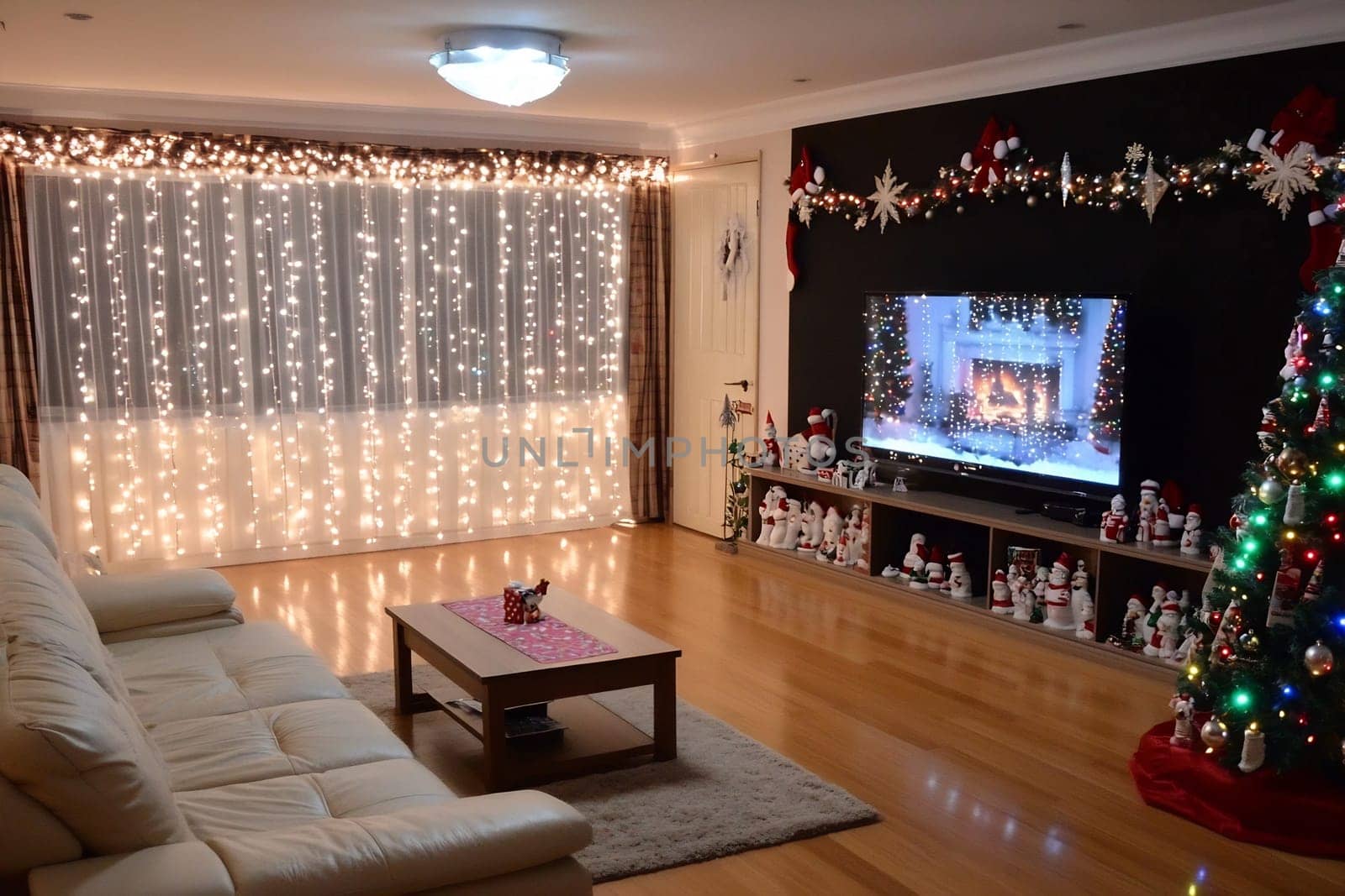 A warm living room features twinkling lights, a Christmas tree, and festive decorations creating a joyful holiday atmosphere.