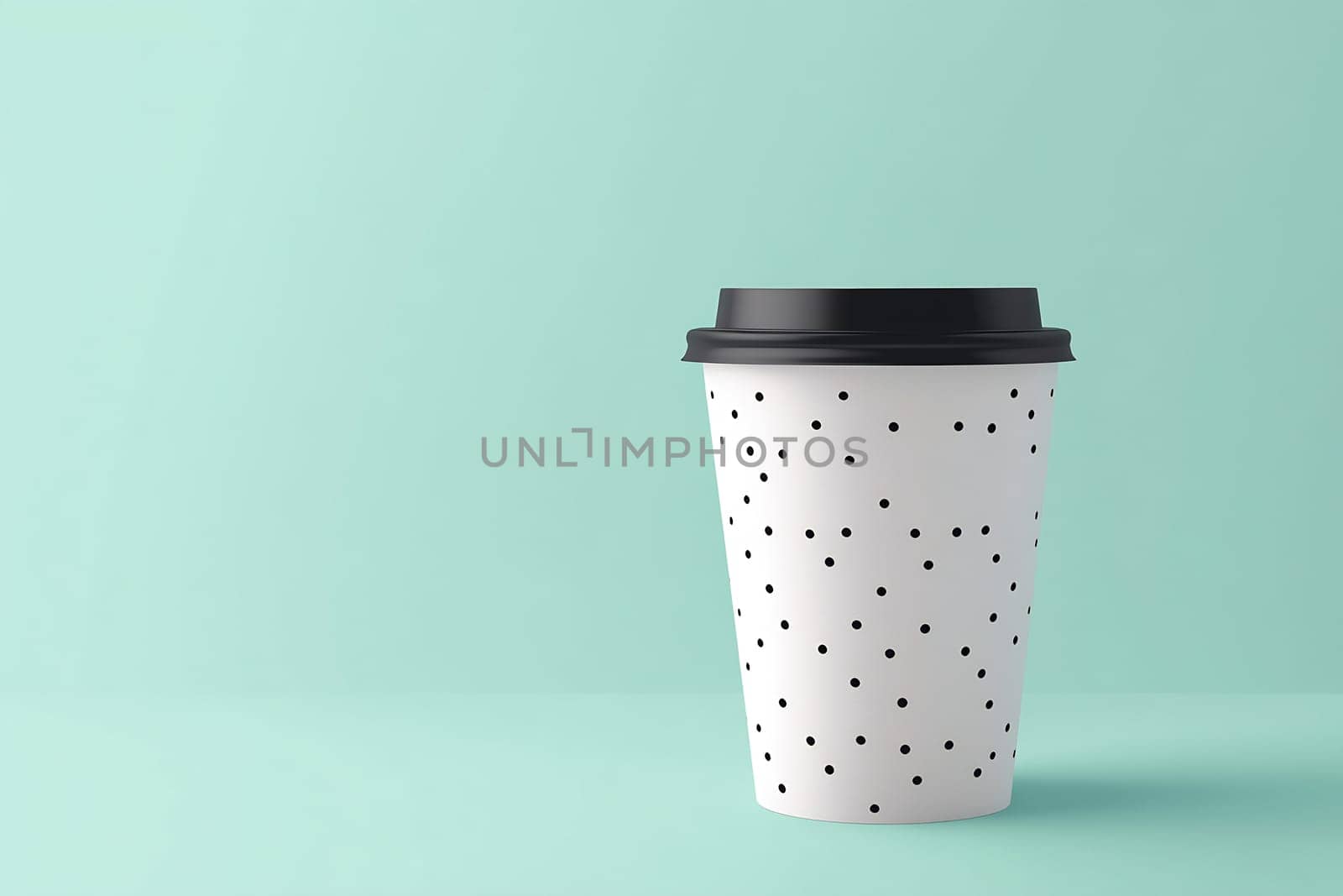 A white coffee cup with black dots sits on a mint green surface, highlighting its modern design and inviting warmth.