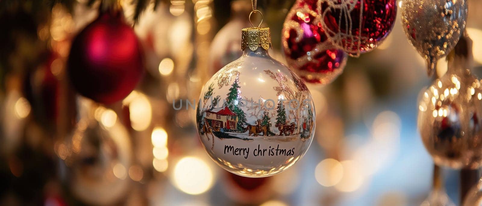 A festive ornament with a winter scene and the text Merry Christmas hangs from a vibrant holiday tree adorned with lights and baubles.