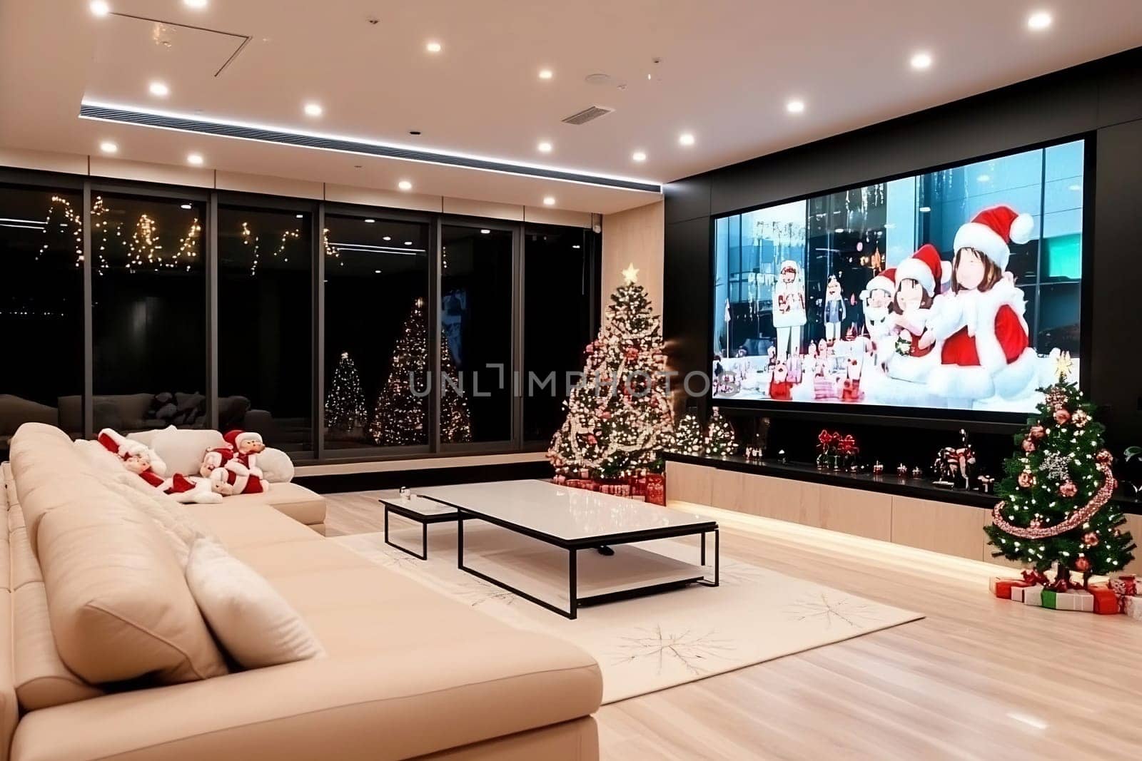 This cozy living room showcases a beautifully decorated Christmas tree, joyful decorations, and a large screen displaying holiday cheer.