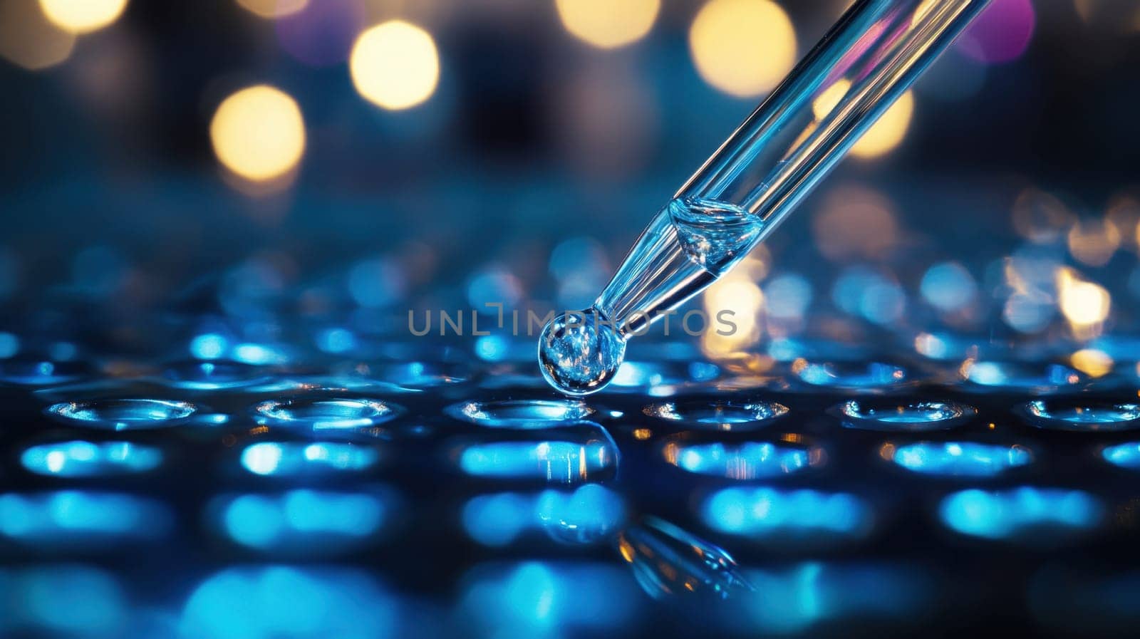 A clear droplet of water is about to fall from a glass pipette illuminated by soft blue lighting creating a captivating effect.