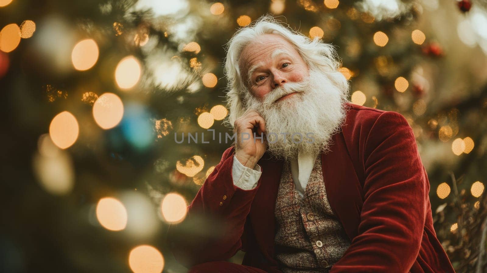 A joyful man dressed in a red suit sits close to a beautifully lit Christmas tree surrounded by colorful ornaments.