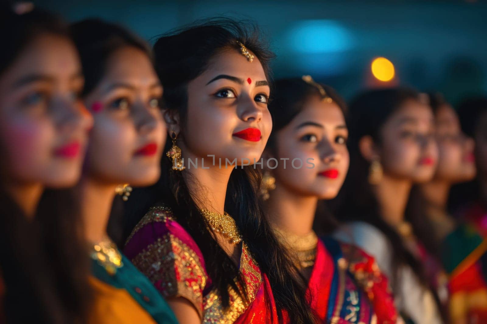 A group of young women dressed in colorful traditional attire participate in a cultural festival showcasing joy and elegance.