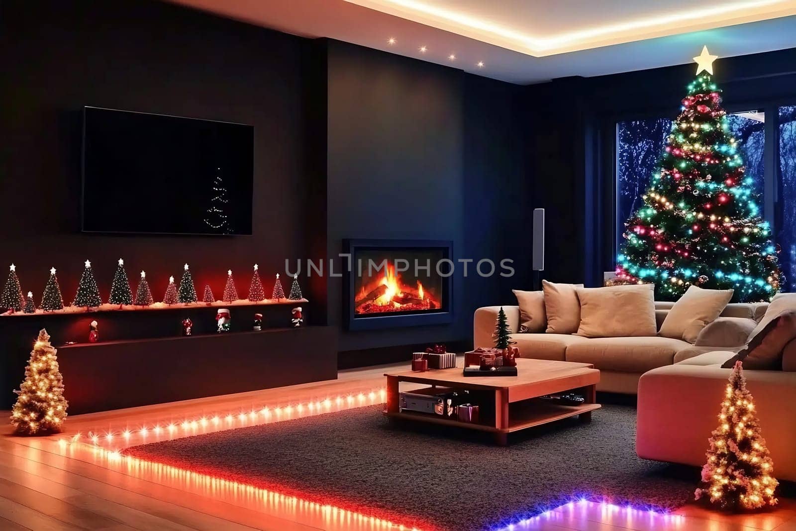 A beautifully decorated living room features a Christmas tree, twinkling lights, and a warm fireplace, creating a festive atmosphere.