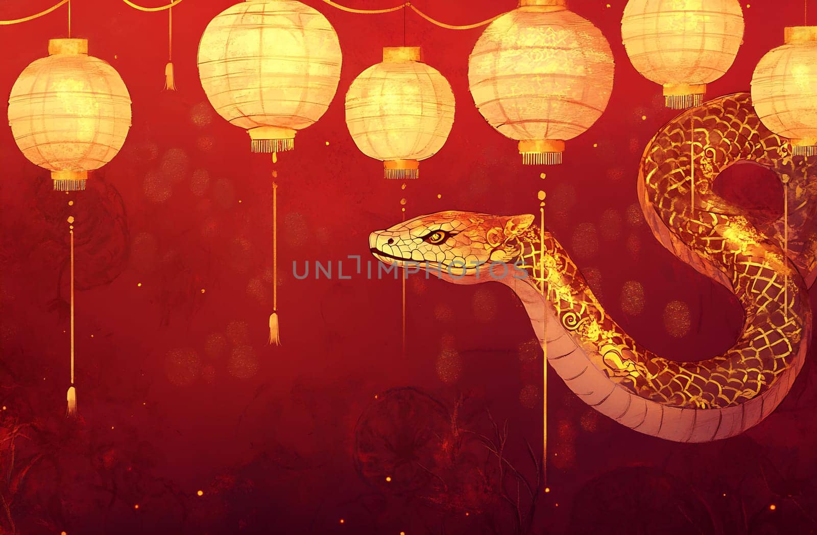 A golden snake weaves among glowing lanterns, creating a vibrant display of color for a celebration.