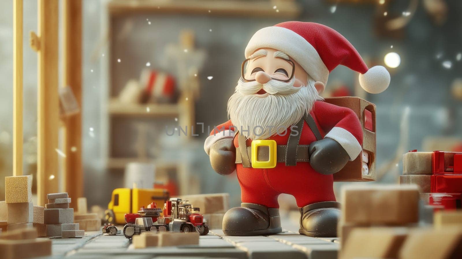 Santa stands proudly in his workshop surrounded by toys and festive decorations while snowflakes gently fall outside.
