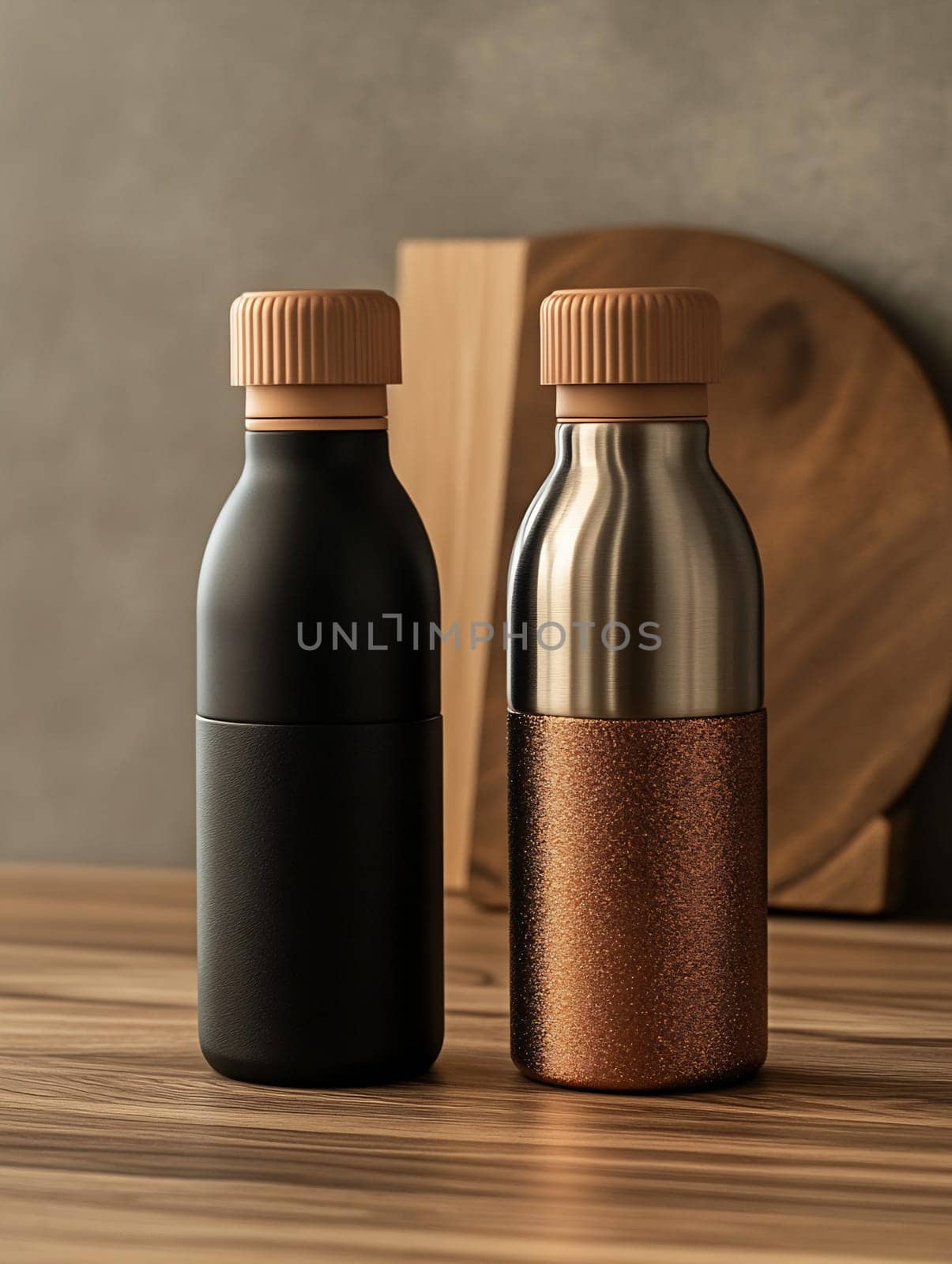 Two sleek water bottles, one matte black and one shiny metallic, sit on a wooden table against a neutral backdrop.