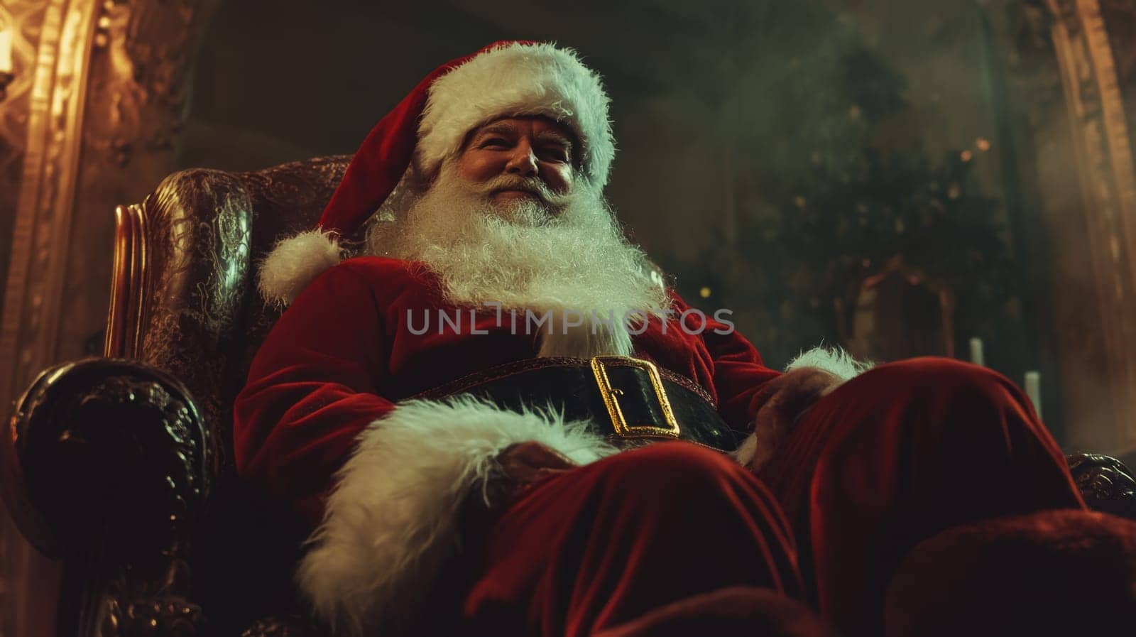 Santa Claus in a red suit sits comfortably in an ornate armchair while enjoying the warm atmosphere of the festive season.