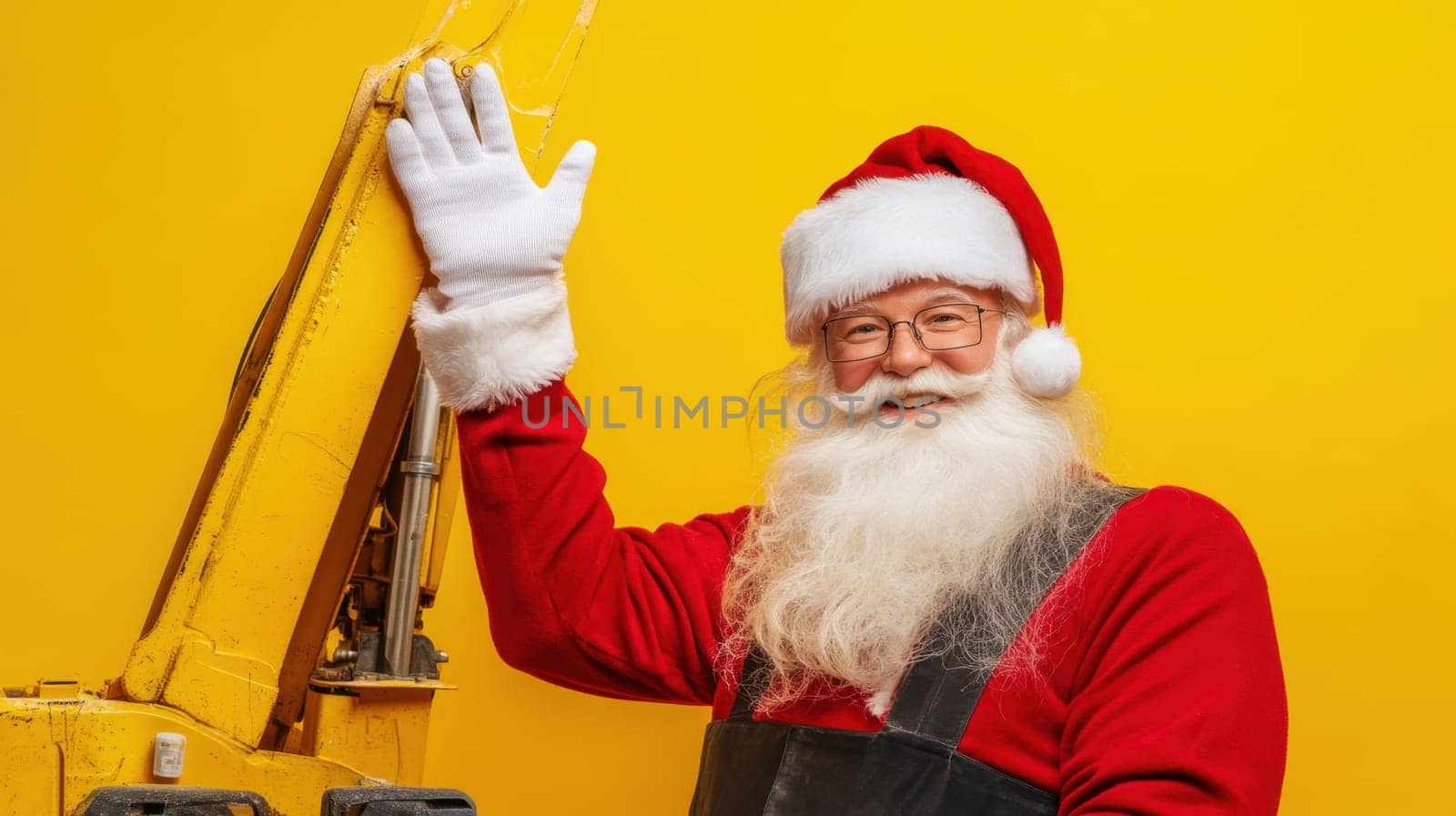 A joyful Santa Claus in a red suit and white gloves waves happily next to a yellow background spreading festive cheer during the holiday season.