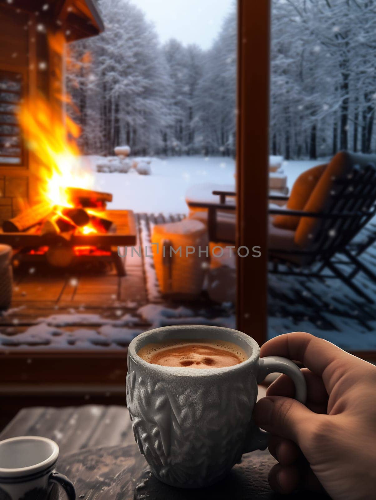 A hand holds a warm cup of coffee near a fireplace, with snow-covered trees visible outside the cabin.
