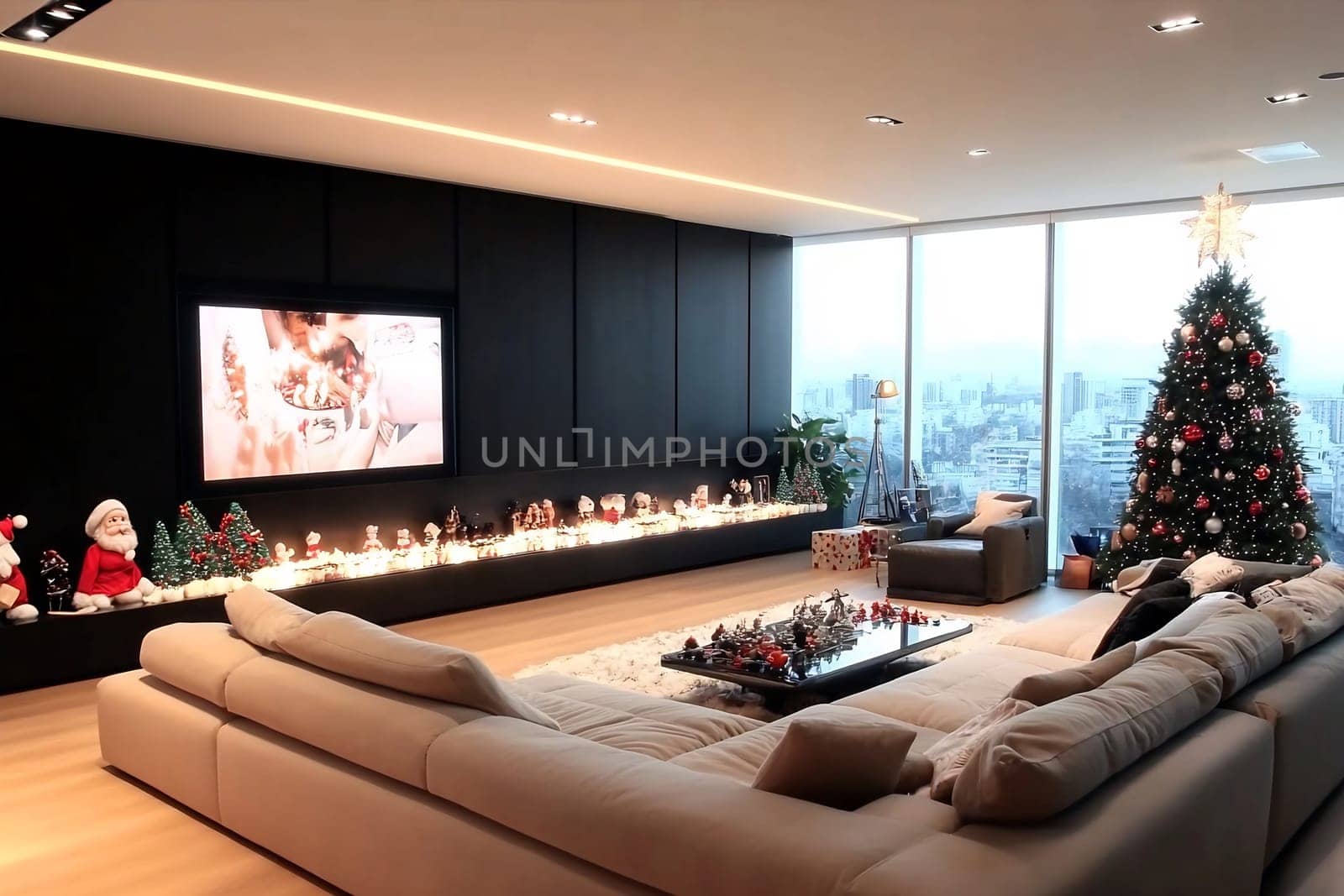 A beautifully decorated living room featuring a Christmas tree, festive decorations, and a cozy seating area with a view of the city.