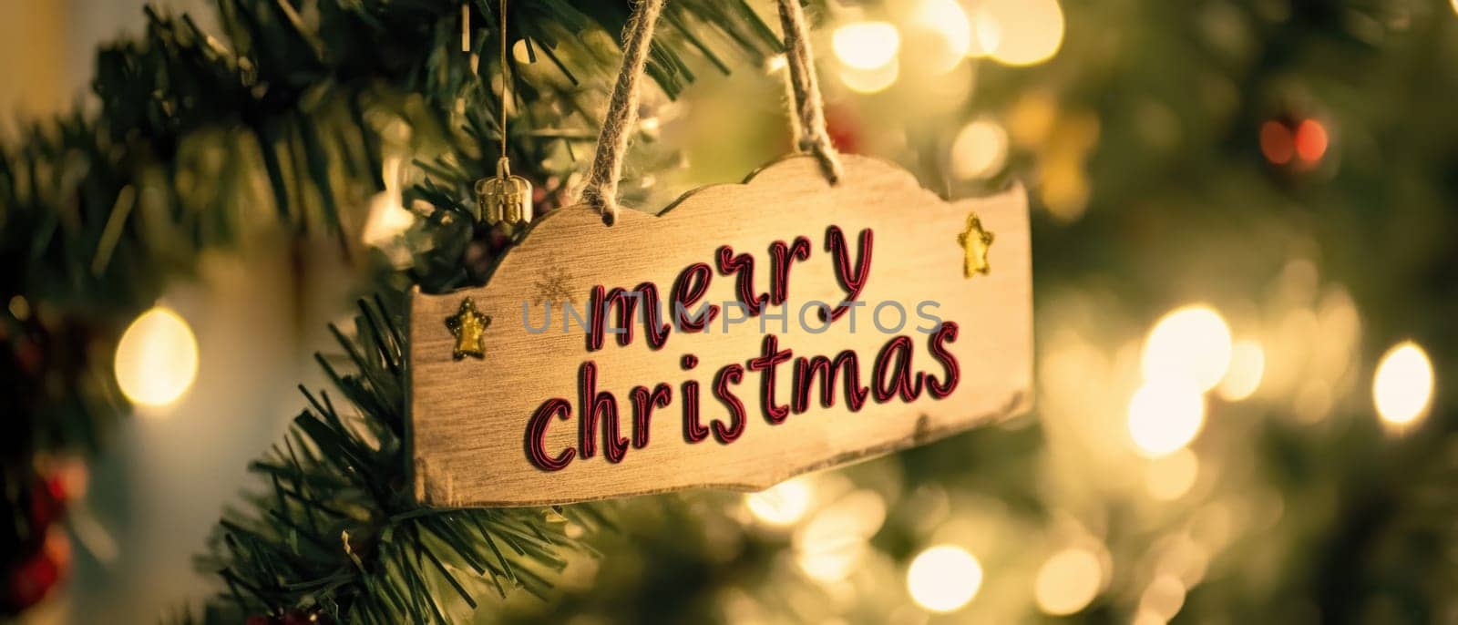 A cheerful wooden sign reading Merry Christmas hangs on a decorated tree surrounded by twinkling lights and ornaments.