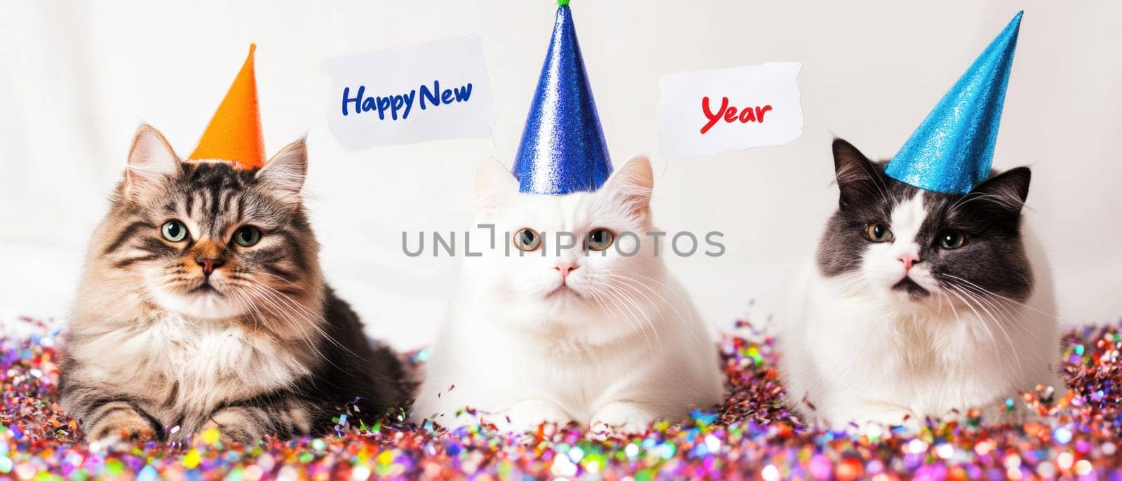 Three cats wear party hats while surrounded by colorful decorations celebrating the arrival of the New Year with joy and festivity.