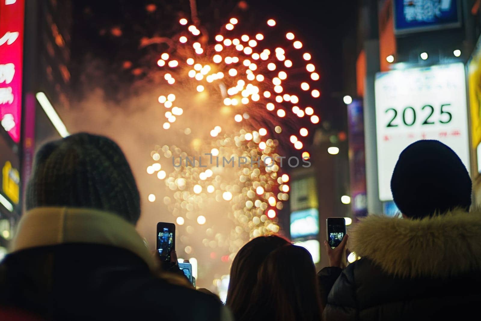 People gather in the city to enjoy a vibrant New Year fireworks display while capturing the moment with their phones.