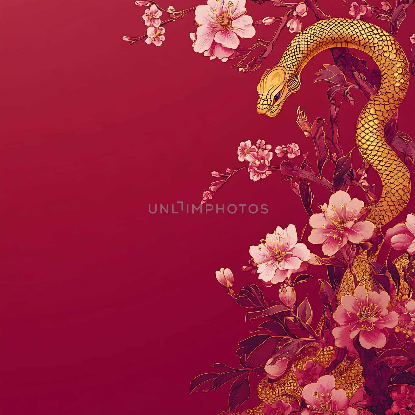 A golden snake wraps around pink blossoms against a vibrant red backdrop, creating an eye-catching and intricate design.