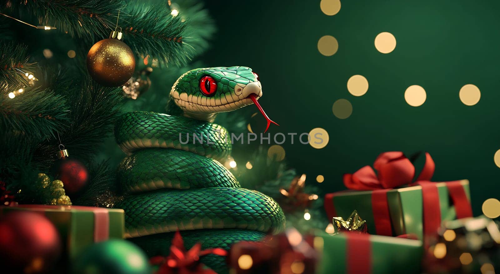 A green snake is coiled near colorful holiday gifts beneath a decorated Christmas tree, surrounded by twinkling lights.