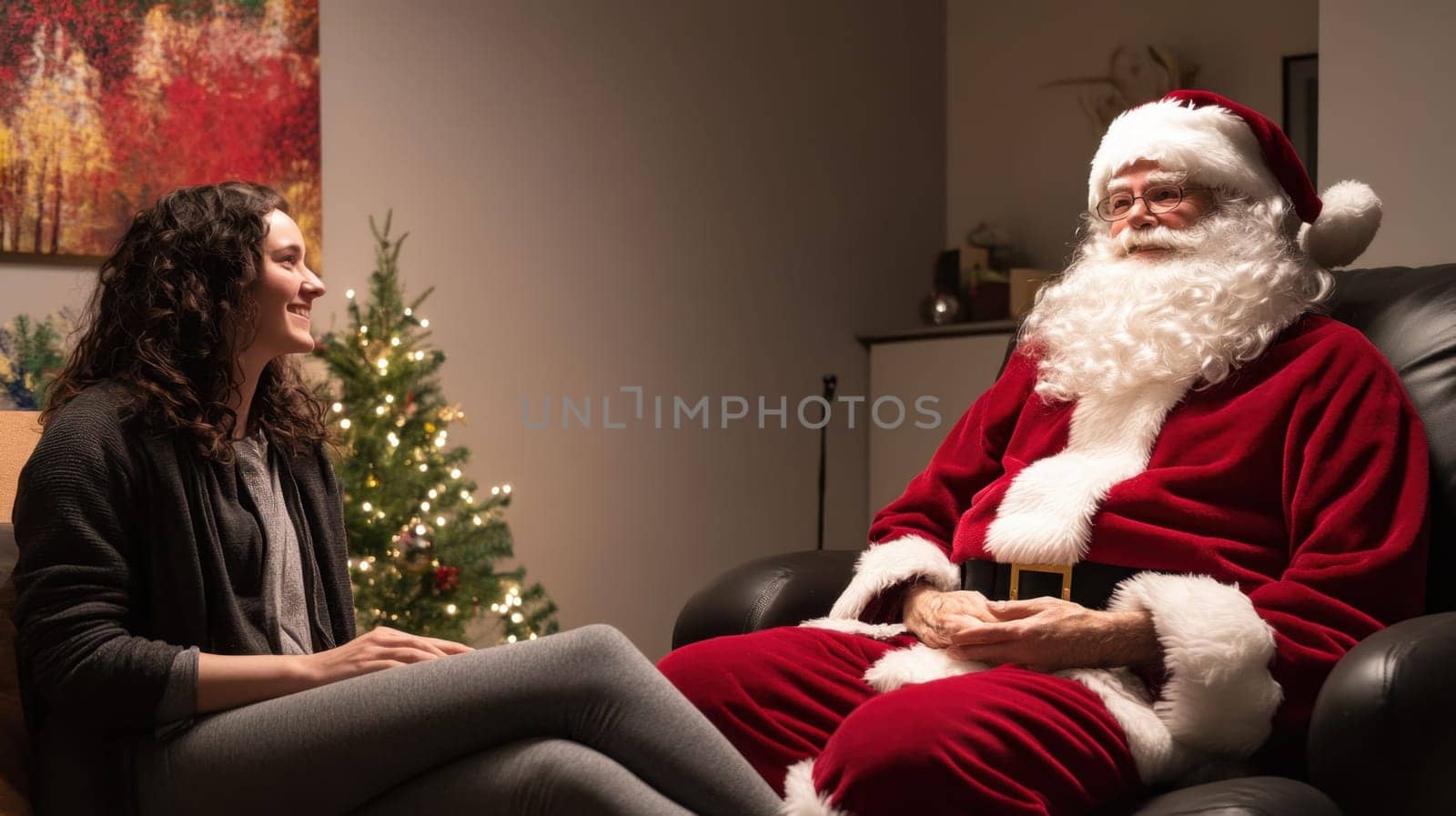 A woman joyfully communicates her Christmas wishes to Santa Claus in a cozy room adorned with festive decor.