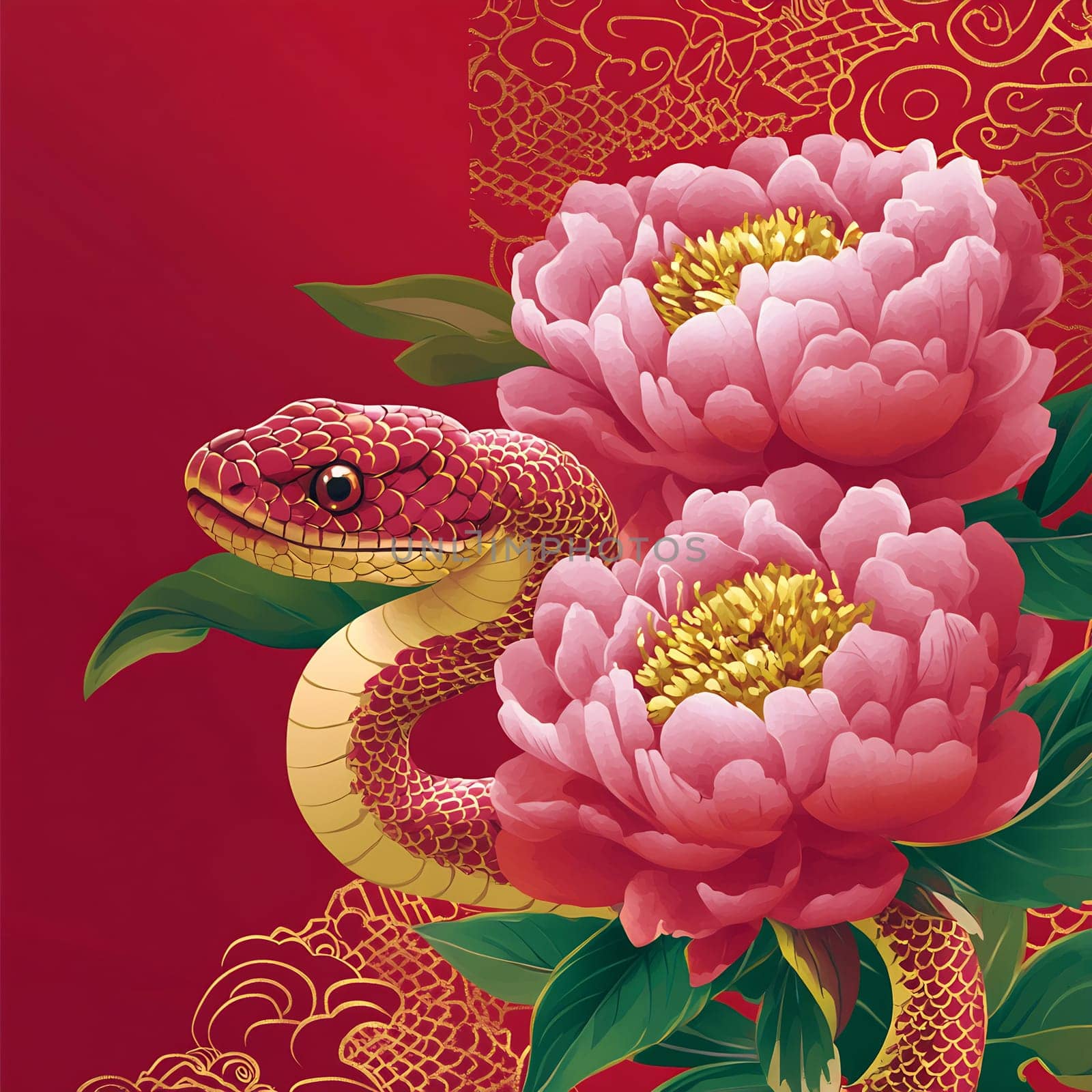 A vibrant snake intertwined with blooming peonies, set against a rich red background, representing harmony and nature's beauty.