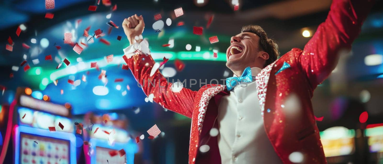 A jubilant man in a sparkly suit celebrates his triumph in a lively casino surrounded by colorful confetti and bright lights.