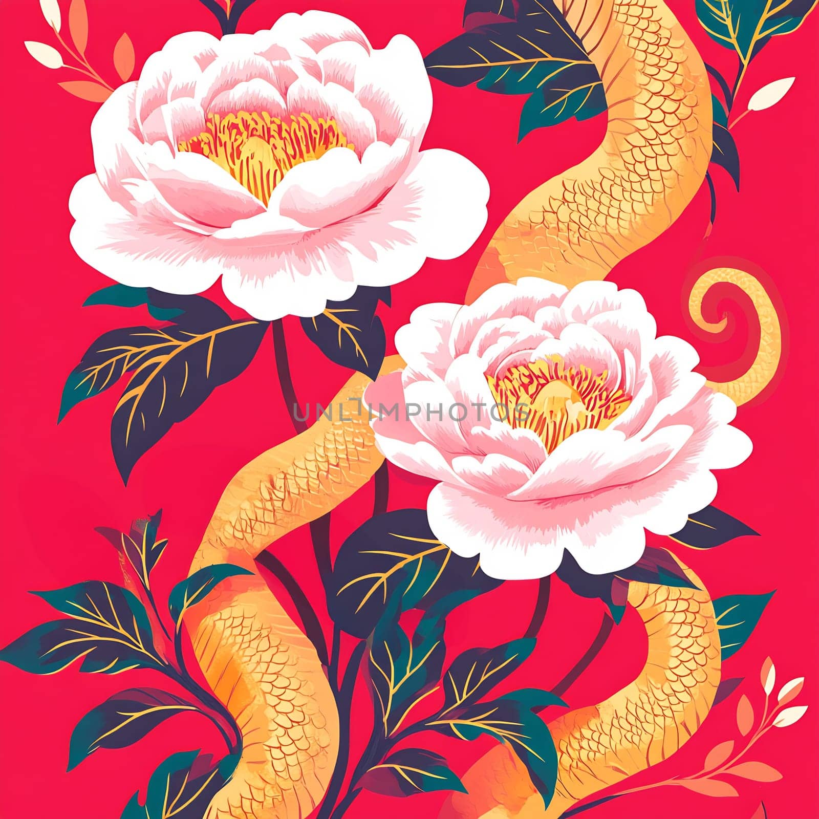 Vibrant pink peonies are beautifully intertwined with a golden dragon against a striking red background, symbolizing harmony and balance.