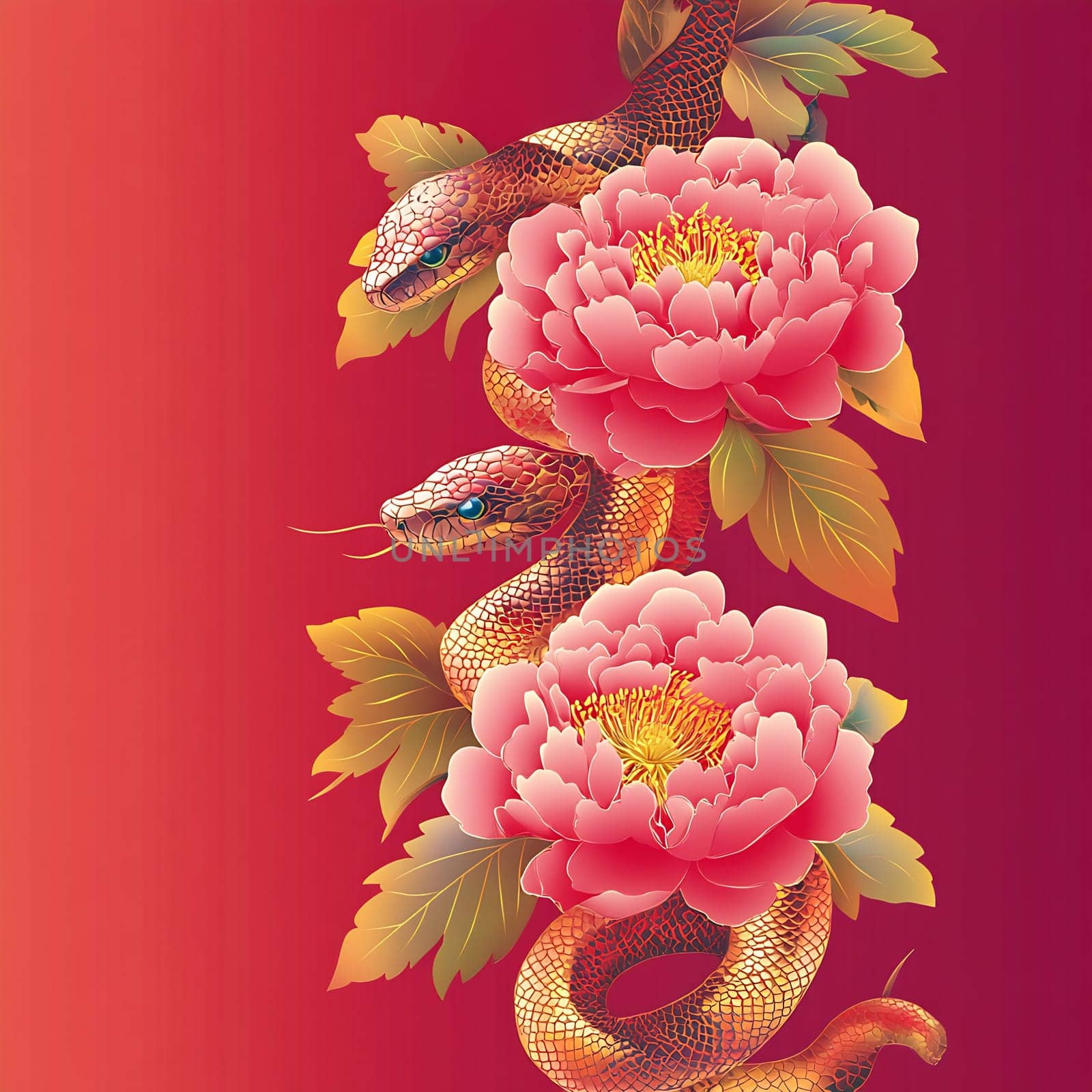 Two vibrant snakes twist around blooming peonies against a gradient backdrop, showcasing nature's beauty and intricate details.