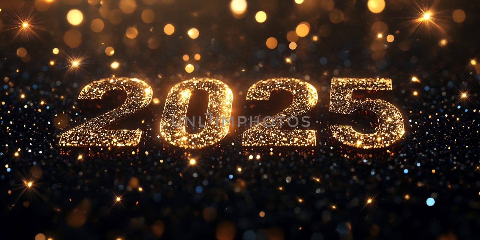 Bright golden numbers 2025 shine amidst a backdrop of shimmering lights and sparkling particles, marking the New Year celebration.