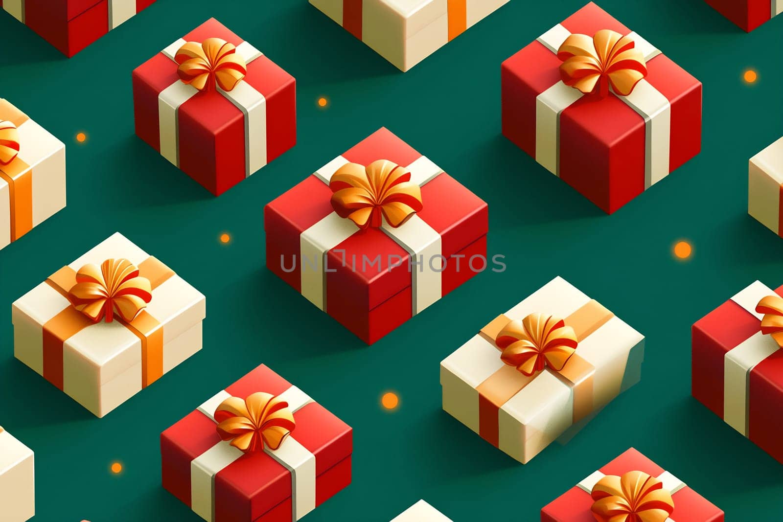 Bright red and white gift boxes with bows arranged on a vibrant green background, creating a cheerful holiday atmosphere.