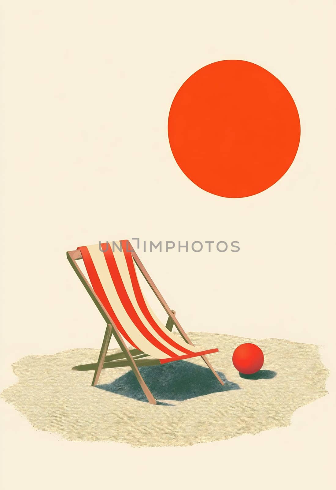 A striped lounge chair sits on a sandy beach with a bright red sun overhead, creating a peaceful summer atmosphere.