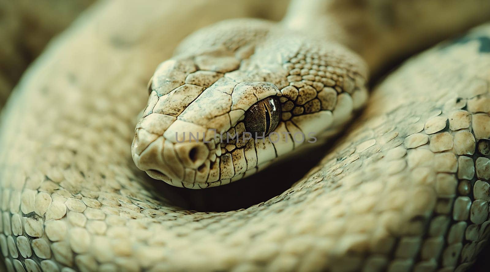A snake lies curled up on the ground, showcasing its textured scales and captivating eye, surrounded by natural foliage.