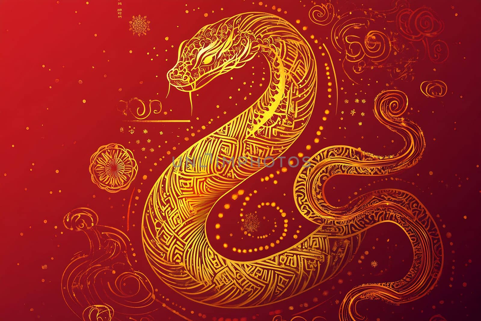 A detailed golden serpent winds gracefully against a vibrant red backdrop, showcasing intricate patterns and mystic symbols.