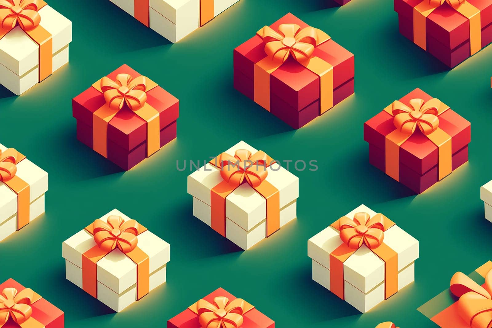 Brightly wrapped gift boxes with ribbons are neatly arranged on a green background, creating a festive atmosphere perfect for celebrations.