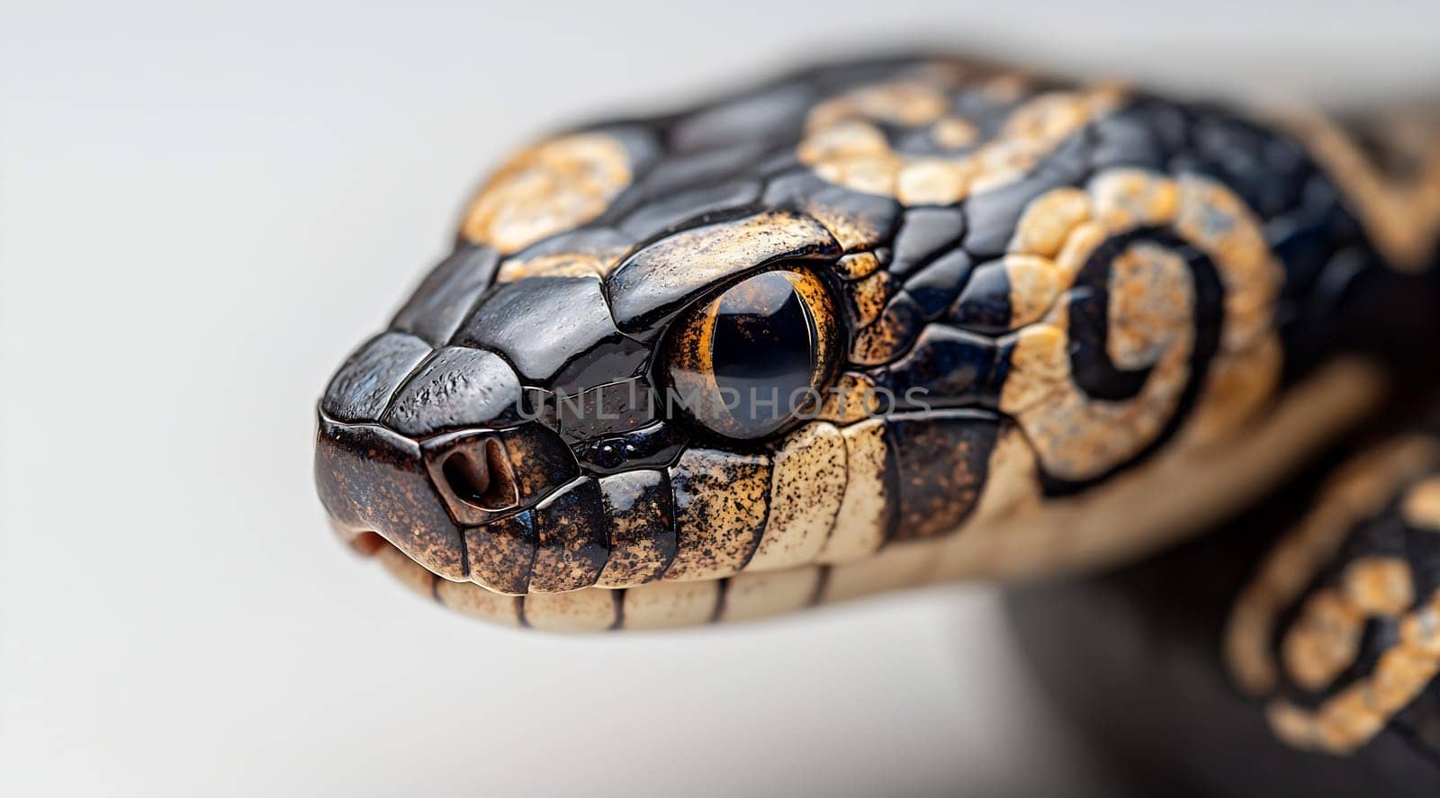 A striking close-up reveals the intricate patterns and textures of a snake's head, showcasing its features in vivid detail.