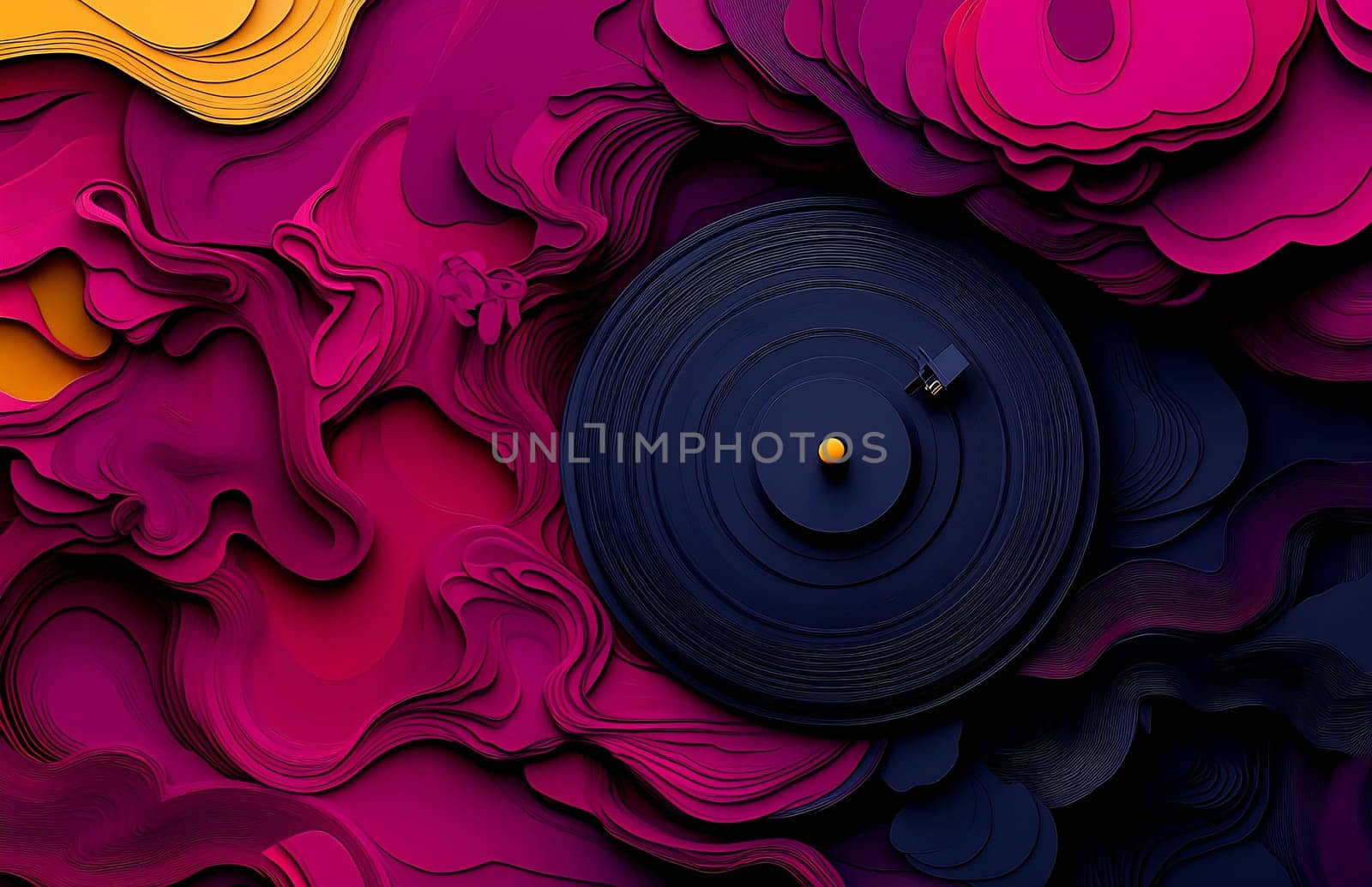 A vibrant and textured composition features a black vinyl record surrounded by swirling, colorful layers of abstract shapes and patterns.