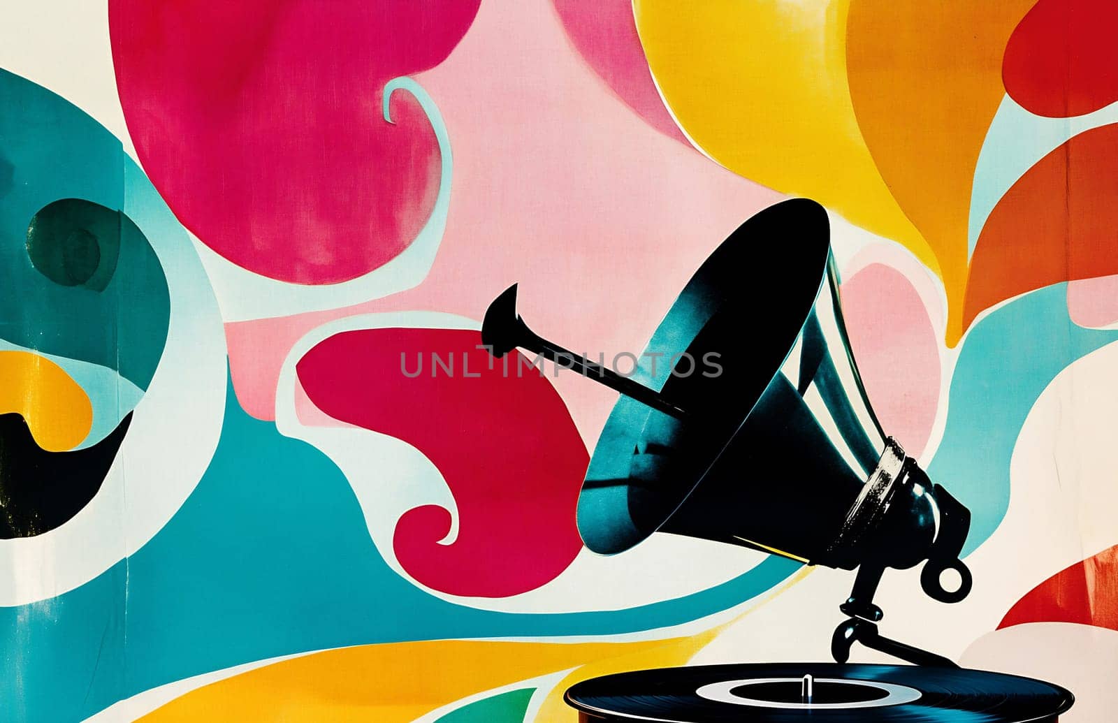 A vintage gramophone stands in front of a colorful mural filled with swirling shapes and bright hues, creating a lively atmosphere.