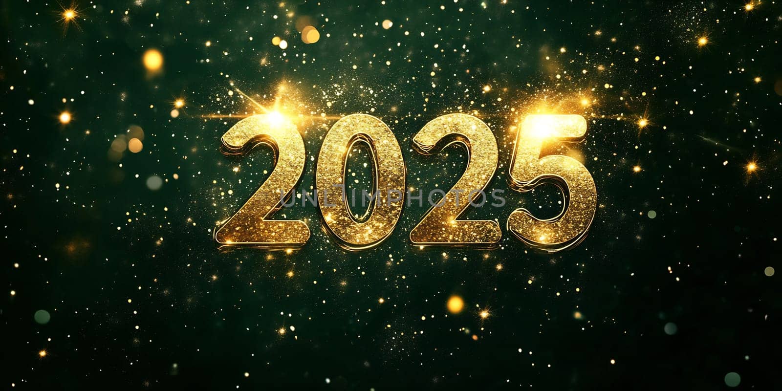 The number 2025 is adorned with shimmering golden sparkles against a dark green background, celebrating the upcoming year.