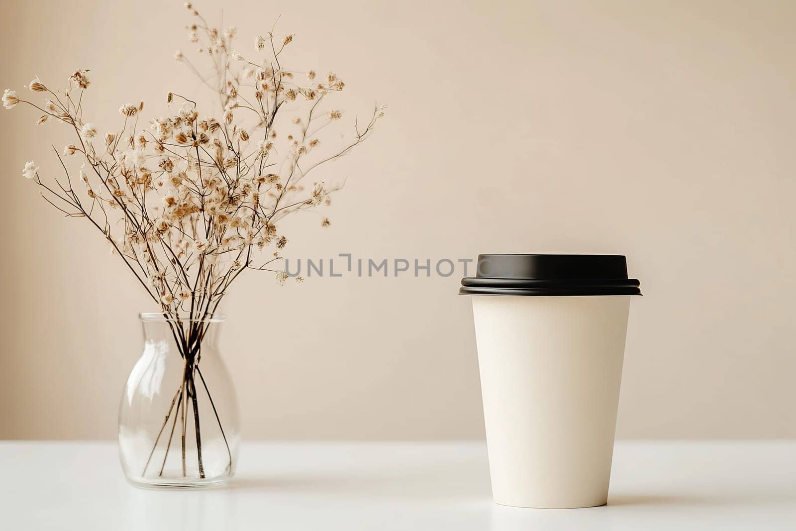 A minimalist arrangement features a white coffee cup beside a vase of dried flowers, creating a serene atmosphere in a calm setting.