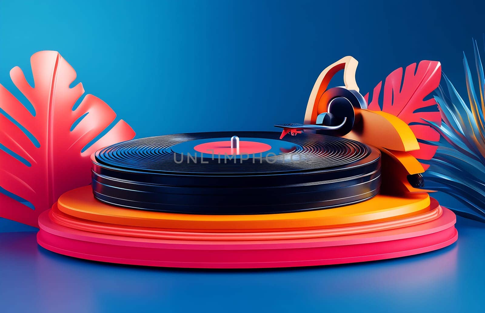A vibrant record player sits on a bold, colorful surface, surrounded by tropical leaves, creating an eye-catching atmosphere.