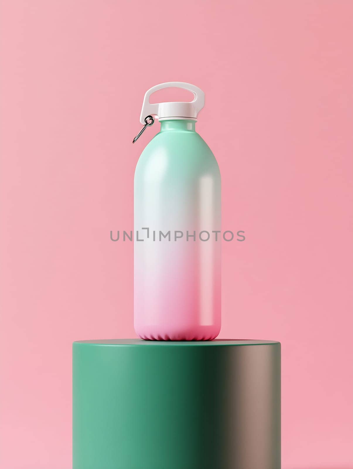 A trendy gradient water bottle stands on a pedestal against a soft pink background, showcasing a stylish design perfect for hydration.