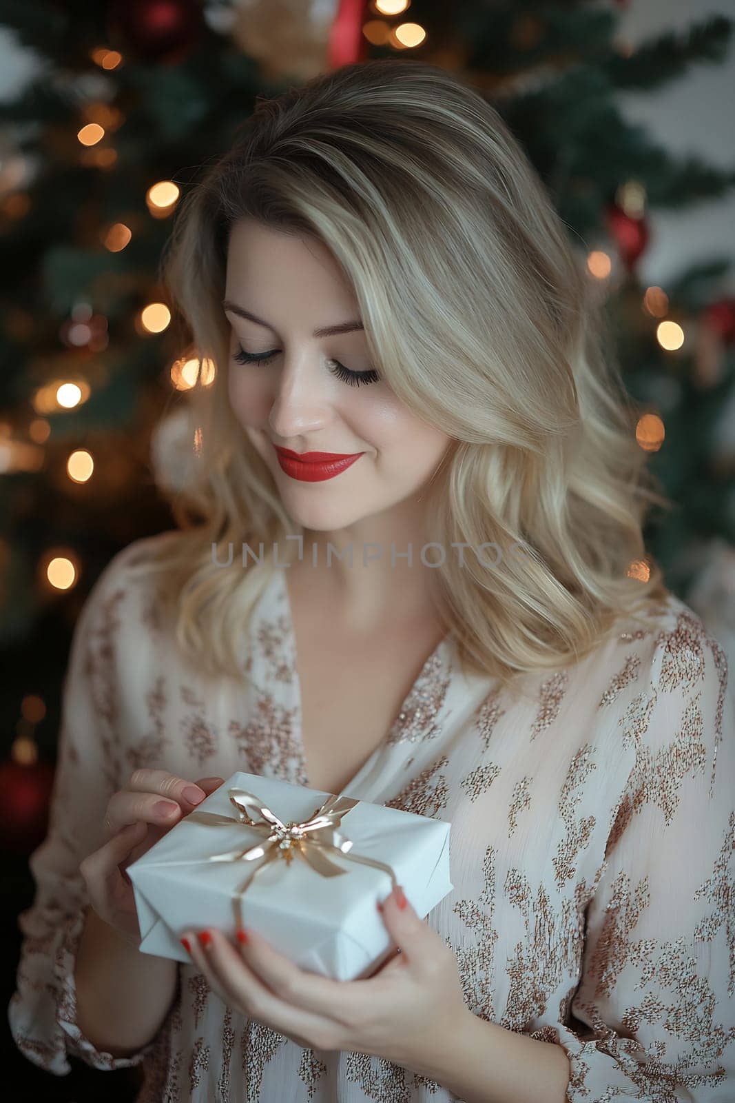 A woman with wavy hair smiles gently at a beautifully wrapped gift while standing near a decorated Christmas tree.