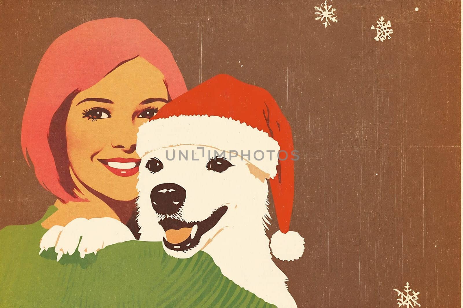 A smiling woman with pink hair holds a happy dog wearing a Santa hat, celebrating the holiday spirit with joy and warmth.