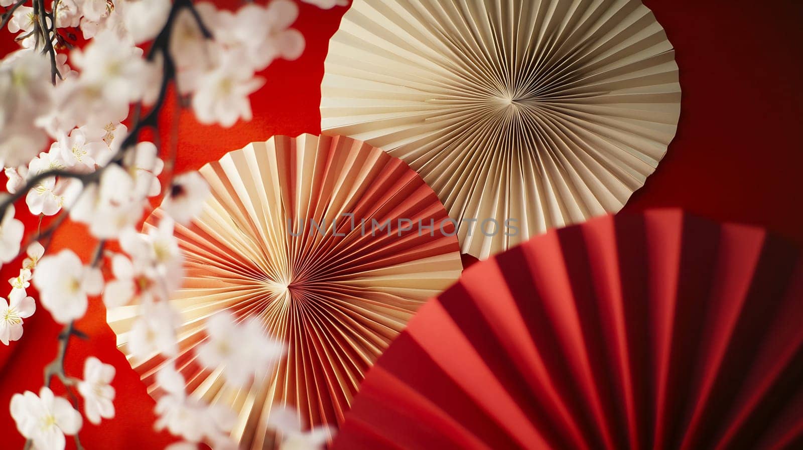 Delicate paper fans displayed against a vibrant red background, complemented by soft cherry blossom branches.