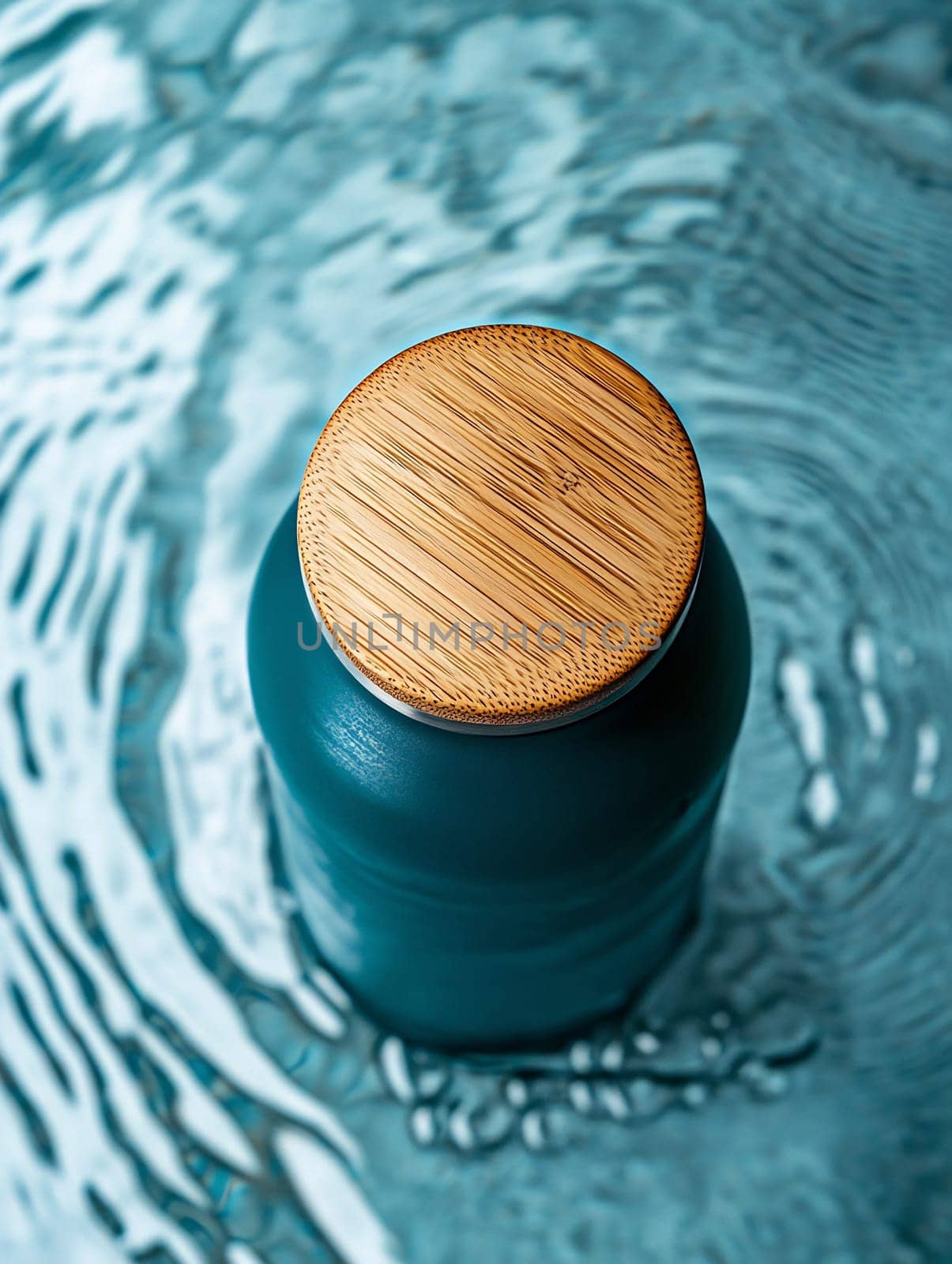A water bottle with a bamboo lid rests on a textured blue surface, highlighting its sleek design and modern aesthetic.